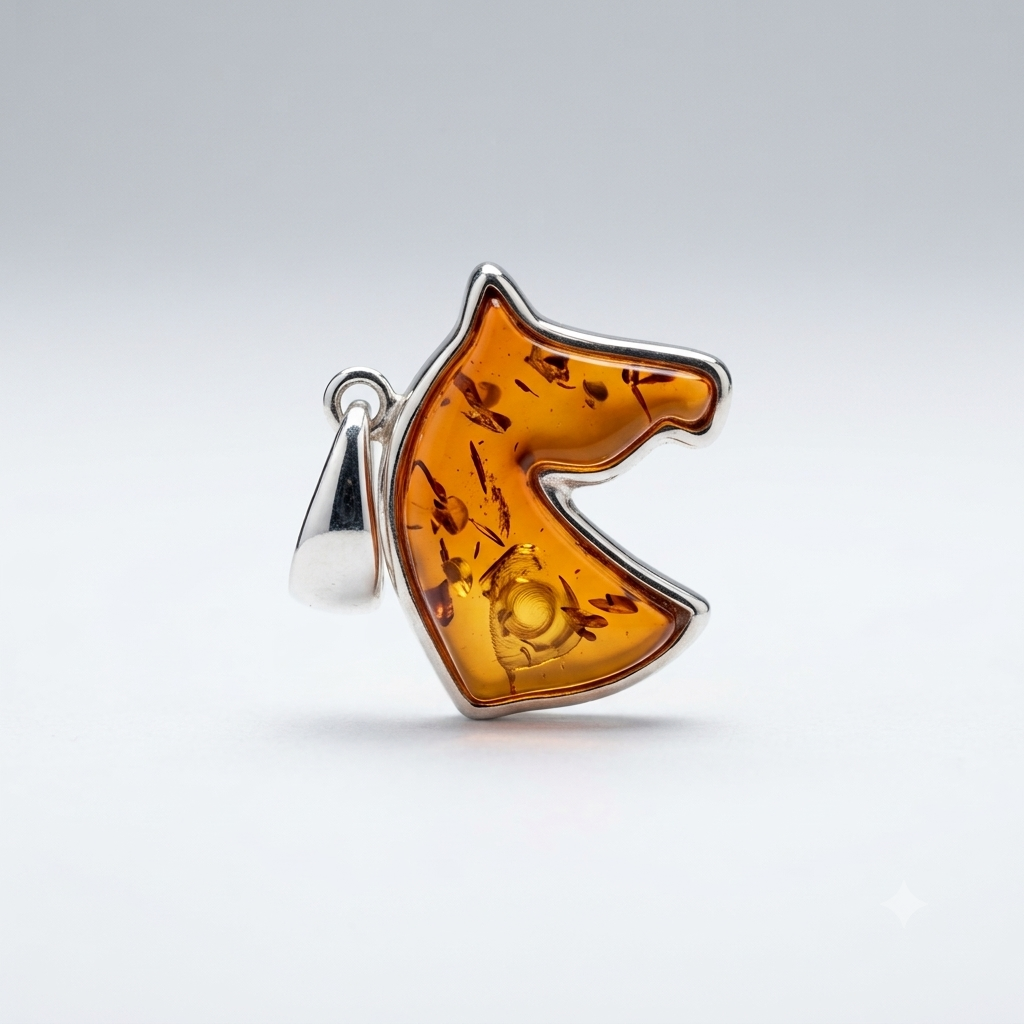 AMBER HORSE FACE IN SILVER PENDANT