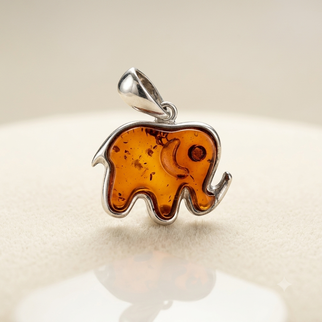 AMBER ELEPHANT IN SILVER PENDANT