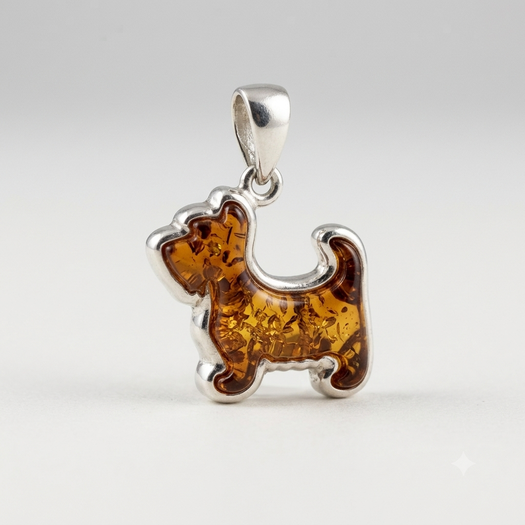 AMBER DOG IN SILVER PENDANT
